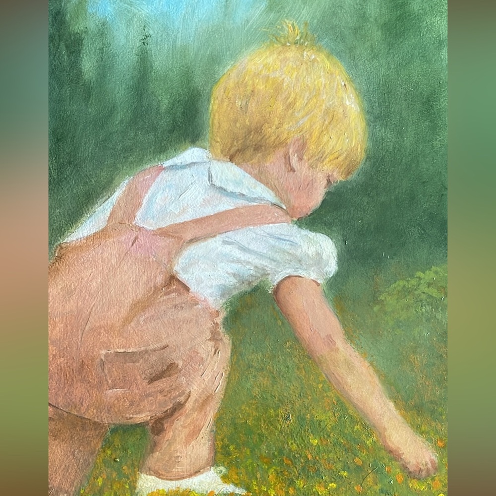 Original oil painting of a child in a field of flowers
